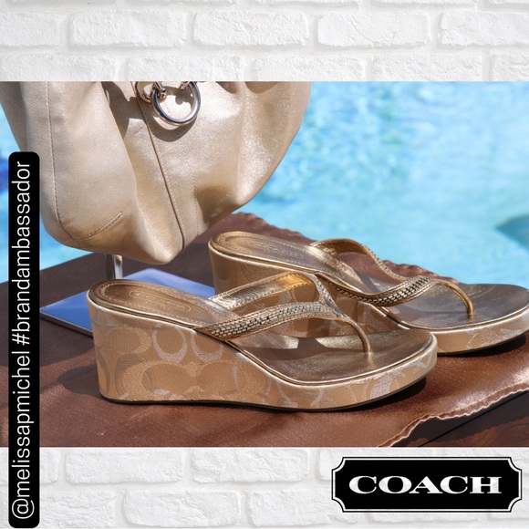 NWT Coach Vintage Women’s Lannie Leather Gold Metallic Cork Wedge Thong … - Picture 2 of 6